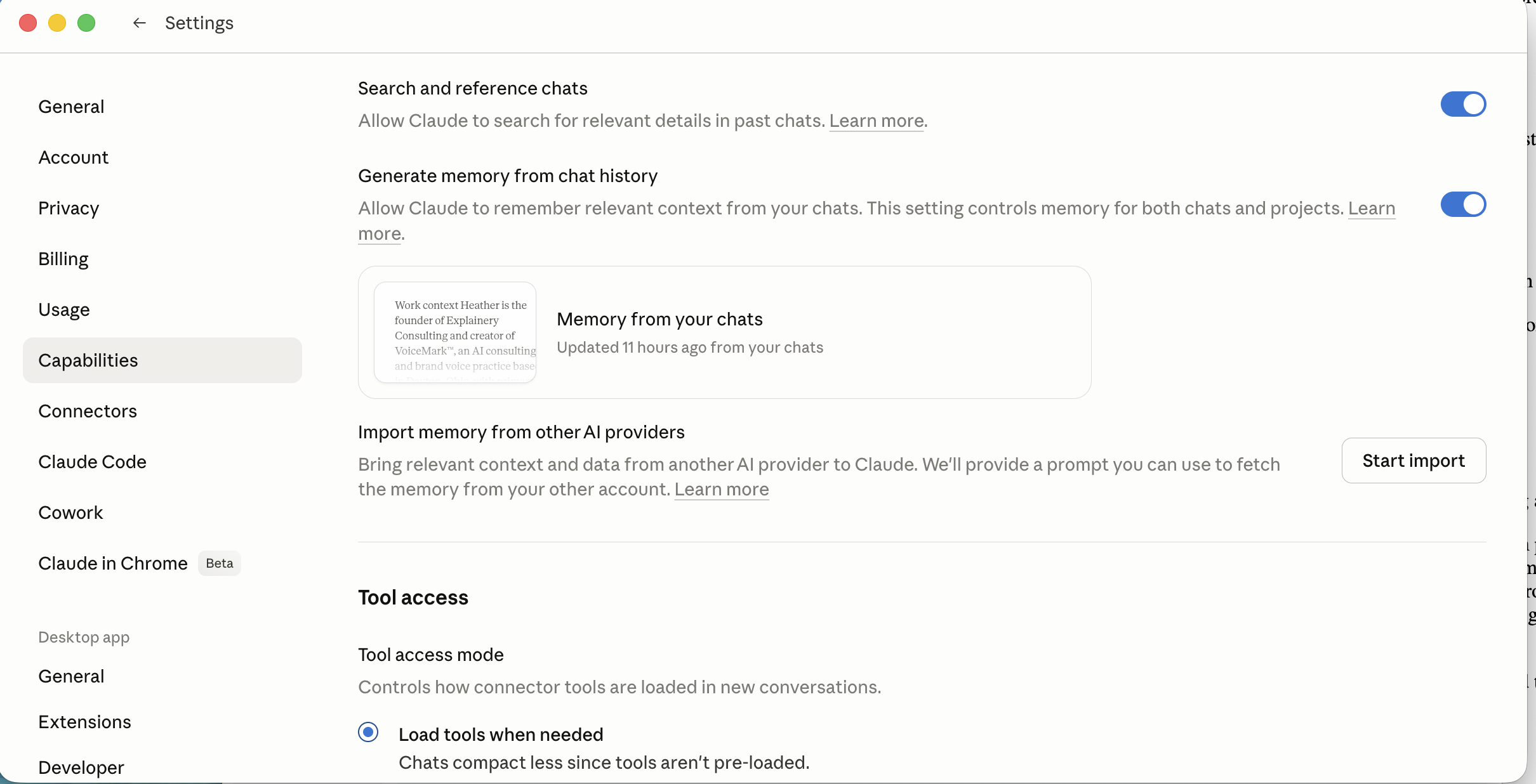 Claude Settings, Capabilities tab, showing Import memory from other AI providers with a Start import button.