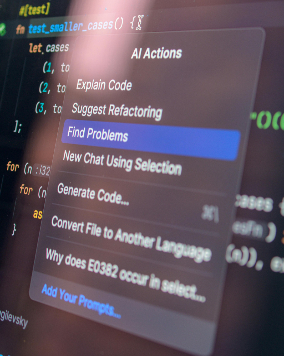 Code editor showing AI actions menu