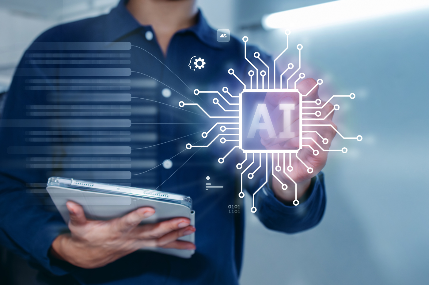 Person holding a tablet with a glowing AI chip interface