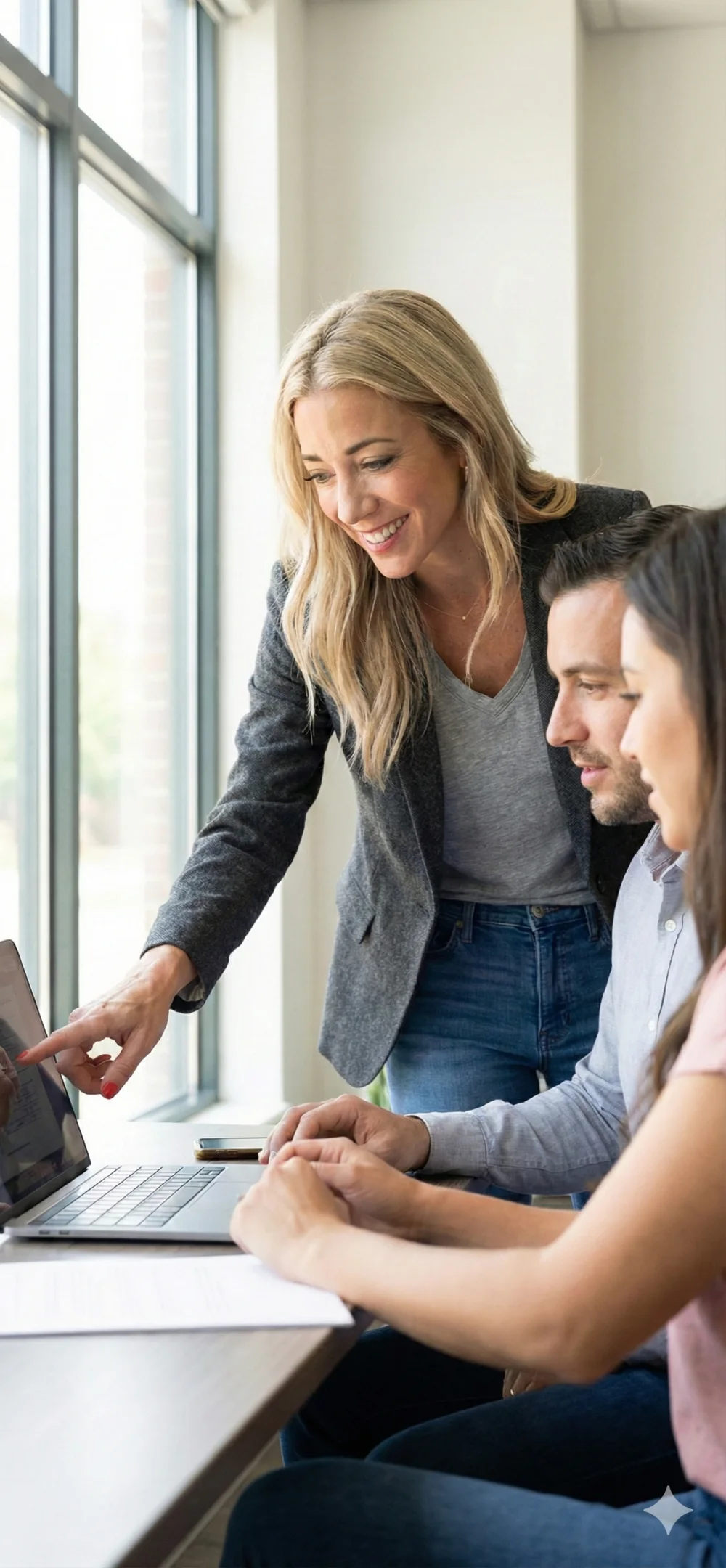 Woman pointing at laptop screen while collaborating with two colleagues